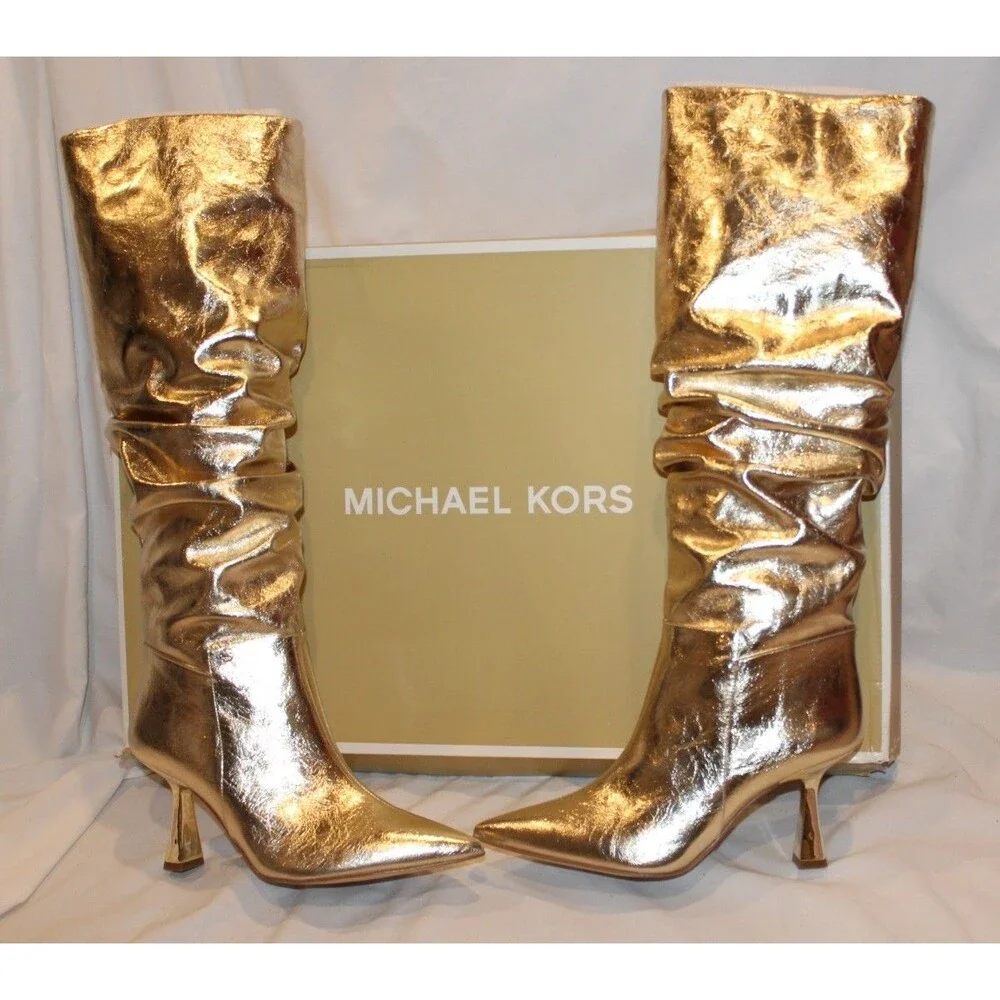 Michael Kors Women's Cracked Metallic Leather Tall Boots Gold NIB SZ 8